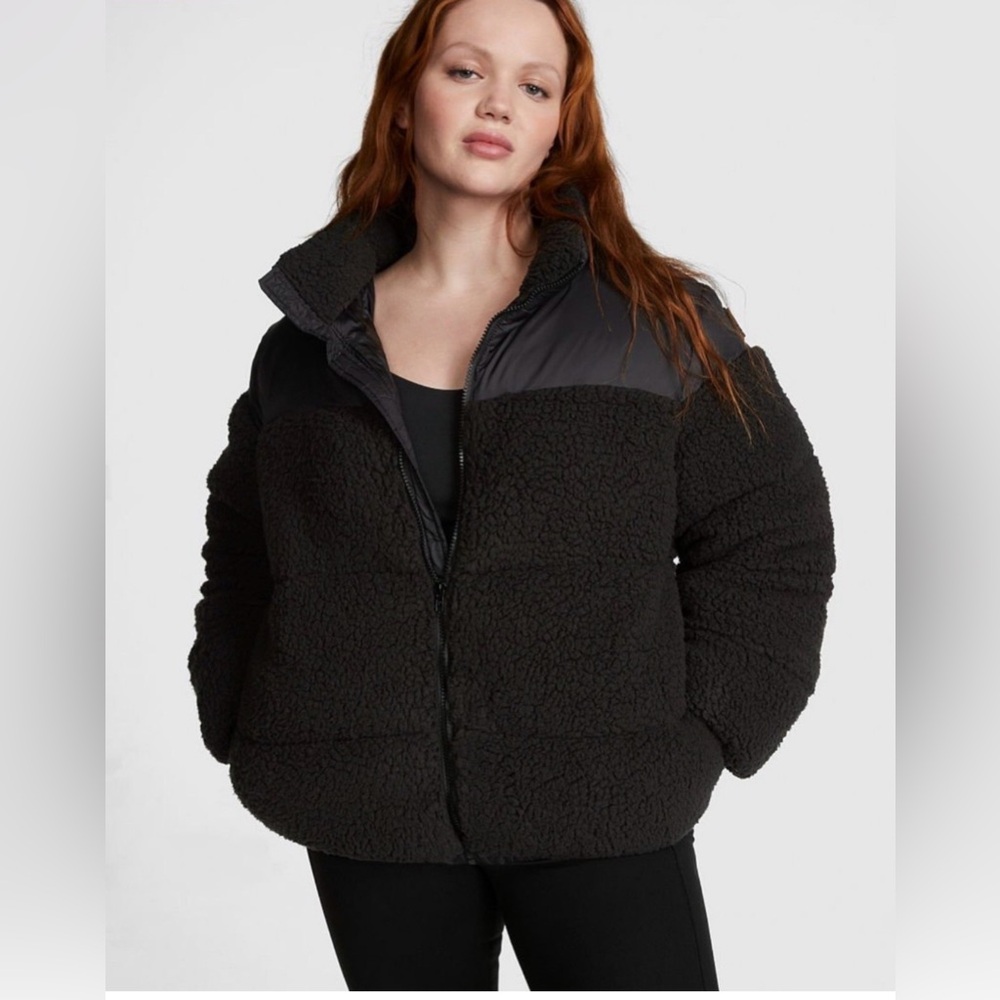PINK cozy fleece quilted puffer jacket black